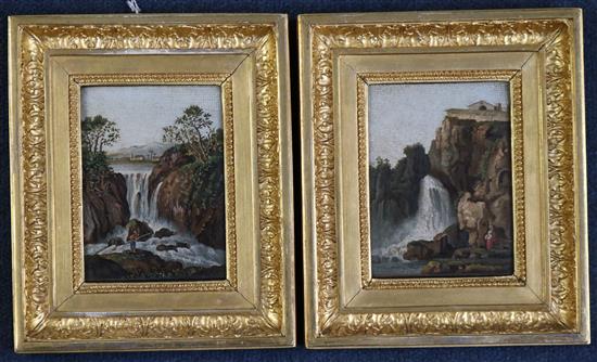 A pair of 19th century Italian micro-mosaic plaques, depicting figures beside waterfalls by Nicola de Vecchis, 4.5 x 3.25in., in gilt g